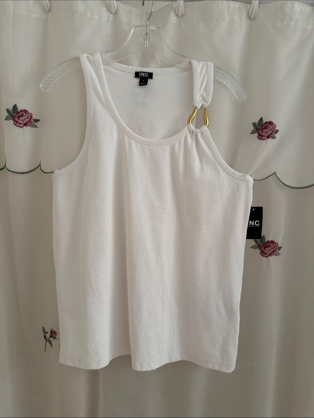 INC International Concepts White Tank Top with Gold Ring Detail